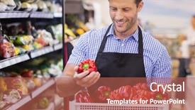 Presentation with fruit and vegetable packaging - PPT layouts having vegeteble store - smiling handsome worker taking background and a red colored foreground