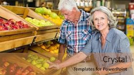  Presentation with senior couple - Beautiful slides featuring vegeteble store - smiling senior couple buying apples backdrop and a gold colored foreground