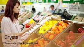  Presentation with shopping cart or supermarket trolley - PPT layouts with vegeteble store - young woman shopping in supermarket background and a  colored foreground