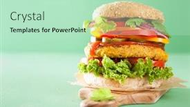  Presentation with veggie - Slide set consisting of veggie chickpea and sweetcorn burger with pepper jalapeno onion background and a mint green colored foreground