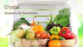  Presentation with border organic vegetables on wood - Presentation design consisting of fruit vegies - vegetables in baskets on white background and a soft green colored foreground
