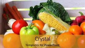  Presentation with border organic vegetables on wood - Theme having fruit vegies - vegetables in white wooden box background and a  colored foreground