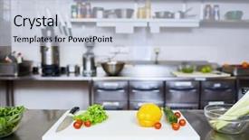  Presentation with restaurant kitchen - Presentation design with vegs and knife on table background and a lemonade colored foreground