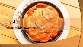  Presentation with fresh fruits vegetables dairy meat - Presentation theme featuring vegtable - roasted meat with vegetables background and a  colored foreground