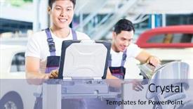  Presentation with car engine - Audience pleasing slides consisting of vehicle maintenance - asian chinese car mechanics checking backdrop and a light blue colored foreground