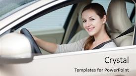  Presentation with woman car driver map - Beautiful presentation theme featuring vehicle safety - pretty young woman in her backdrop and a soft green colored foreground