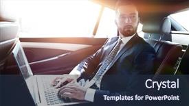  Presentation with cheap car - PPT layouts featuring vehicle safety communications - businessman working with laptop sitting background and a navy blue colored foreground
