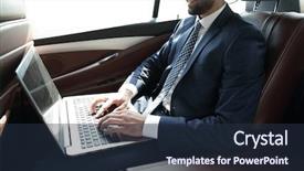  Presentation with car carrier - Slide deck having vehicle safety communications - businessman working with laptop sitting background and a tawny brown colored foreground