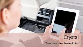  Presentation with using digital tablet - Slides with vehicle safety communications - businesswoman using digital tablet background and a lemonade colored foreground