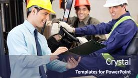  Presentation with forklift - Cool new slide set with vehicle safety communications - happy male supervisor communicating backdrop and a navy blue colored foreground