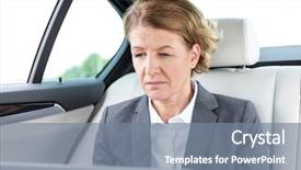  Presentation with mature students sitting at desks - PPT theme enhanced with vehicle safety communications - mature businesswoman sitting in car background and a gray colored foreground