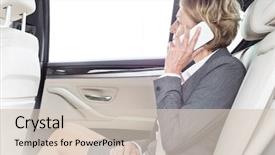  Presentation with smartphone - Colorful theme enhanced with vehicle safety communications - mature businesswoman talking on smartphone backdrop and a soft green colored foreground