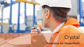  Presentation with walkie talkie - Slides featuring vehicle safety communications - middle-aged man using walkie-talkie while background and a coral colored foreground