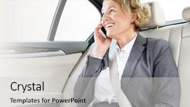  Presentation with smartphone - Slides enhanced with vehicle safety communications - smiling businesswoman talking on smartphone background and a light gray colored foreground