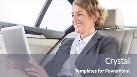  Presentation with using digital tablet - Slides featuring vehicle safety communications - smiling businesswoman using digital tablet background and a gray colored foreground