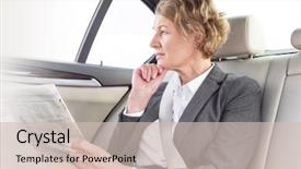  Presentation with newspaper - Amazing slides having vehicle safety communications - thoughtful businesswoman with newspaper sitting backdrop and a soft green colored foreground