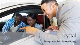  Presentation with young happy couple - Presentation design consisting of vehicle salesman showing new car background and a lemonade colored foreground