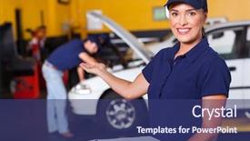 Presentation with multimedia service center - Colorful PPT theme enhanced with vehicle service center worker welcome backdrop and a ocean colored foreground