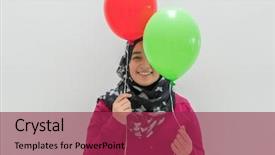  Presentation with balloons - Colorful PPT theme enhanced with veils - happy muslim girl holding balloons backdrop and a violet colored foreground