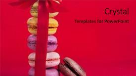  Presentation with red bow - Cool new slide deck with velentine - tower of colorful french macaroons backdrop and a dark gray colored foreground