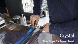  Presentation with coffee shop - Theme consisting of vendor machine - midsection of man preparing coffee background and a  colored foreground