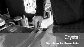  Presentation with coffee shop - PPT layouts enhanced with vendor machine - midsection of man preparing coffee background and a gray colored foreground