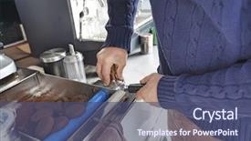  Presentation with man watching woman preparing vegetables - Cool new PPT layouts with vendor machine - midsection of man preparing coffee backdrop and a ocean colored foreground