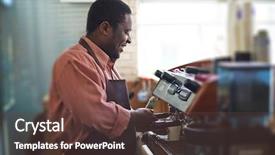  Presentation with machine shop - Slides enhanced with vendor machine - young salesman working in coffee background and a  colored foreground