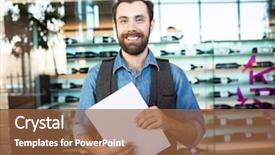  Presentation with cheerful stylish city girl using - Colorful slides enhanced with vendor mangement - cheerful bearded stylish man holding backdrop and a tawny brown colored foreground