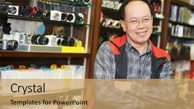  Presentation with camera - Slide set with vendor selection - assistant seller help buyer background and a coral colored foreground