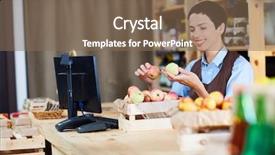  Presentation with equality in the workplace - Slide set featuring vendor selection - female cashier selecting apples background and a  colored foreground