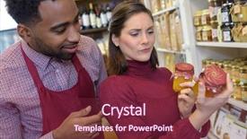  Presentation with vendor - Audience pleasing presentation theme consisting of vendor selection - meticulous customer reading the label backdrop and a  colored foreground