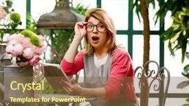  Presentation with laptop - Presentation with vendor selection - surprised young florist with laptop background and a tawny brown colored foreground