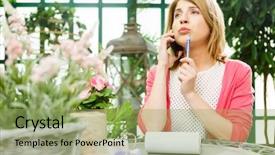  Presentation with phone - Presentation design consisting of vendor selection - thoughtful florist talking on phone background and a  colored foreground