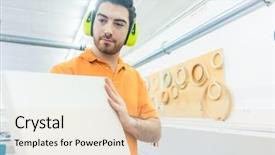  Presentation with textile spinning machine in factory - PPT theme featuring veneers - carpenter in furniture factory working background and a lemonade colored foreground