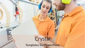  Presentation with carpenter - Theme with veneers - carpenter in furniture factory inspecting background and a coral colored foreground