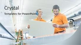  Presentation with piece of the pie - Colorful slide set enhanced with veneers - carpenter in furniture factory inspecting backdrop and a light gray colored foreground