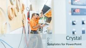  Presentation with machine - Slide deck having veneers - two carpenters cleaning veneer machine background and a sky blue colored foreground