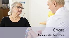  Presentation with asian doctor obese patient - Colorful presentation theme enhanced with venipuncture - patient looking at male doctor backdrop and a  colored foreground