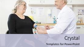  Presentation with blood test - PPT theme consisting of venipuncture - smiling doctor collecting senior patient's background and a lemonade colored foreground