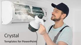  Presentation with conditioner - PPT theme having technician cleaning air conditioner indoors background and a light gray colored foreground