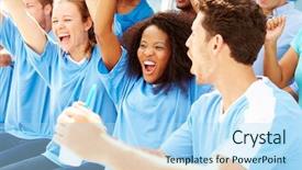  Presentation with sports event - Beautiful theme featuring venue football - spectators in team colors watching backdrop and a light blue colored foreground