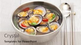  Presentation with korean food - PPT theme with venus-clam-cyclina-sinensis-soup background and a coral colored foreground