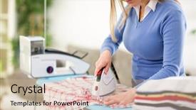  Presentation with patient clothes - Colorful slide deck enhanced with verge - nice woman patiently press clothes backdrop and a soft green colored foreground