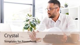  Presentation with smart - Beautiful slide deck featuring verified - portrait of smart businesslike man backdrop and a soft green colored foreground