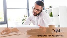  Presentation with smart temprature - PPT theme with verified - portrait of smart businesslike man background and a coral colored foreground