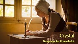  Presentation with feather - Amazing PPT theme having young maid in renaissance backdrop and a tawny brown colored foreground