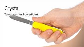  Presentation with waiter hand in white glove - Colorful slide set enhanced with versatile - hand with knife multitool isolated backdrop and a white colored foreground