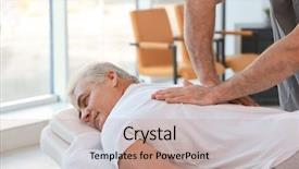  Presentation with physiotherapist - Cool new PPT theme with vertebra - physiotherapist working with patient backdrop and a coral colored foreground