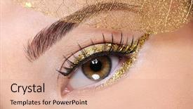  Presentation with glamour - PPT layouts enhanced with vertical arrows - brown female eye background and a coral colored foreground